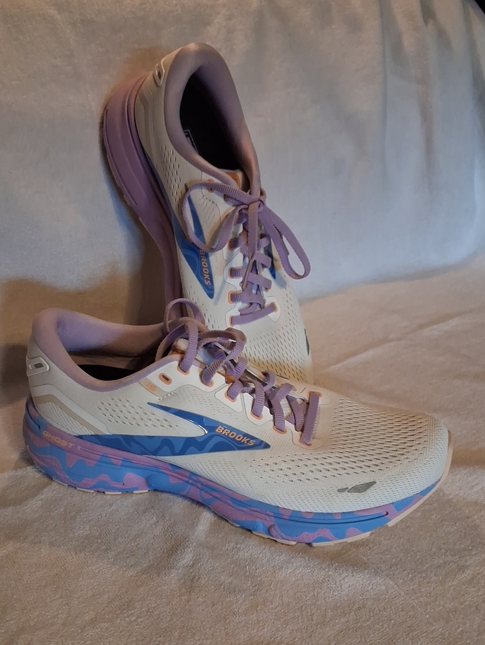 Brooks  Ghost Women's Cream Running Shoes with Lavender and Blue Accents Size 10